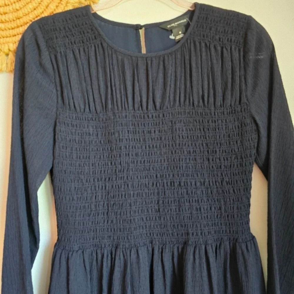 Club Monaco NEW Navy Blue Smocked Long Sleeve Babydoll Dress SZ 4 Minimalist